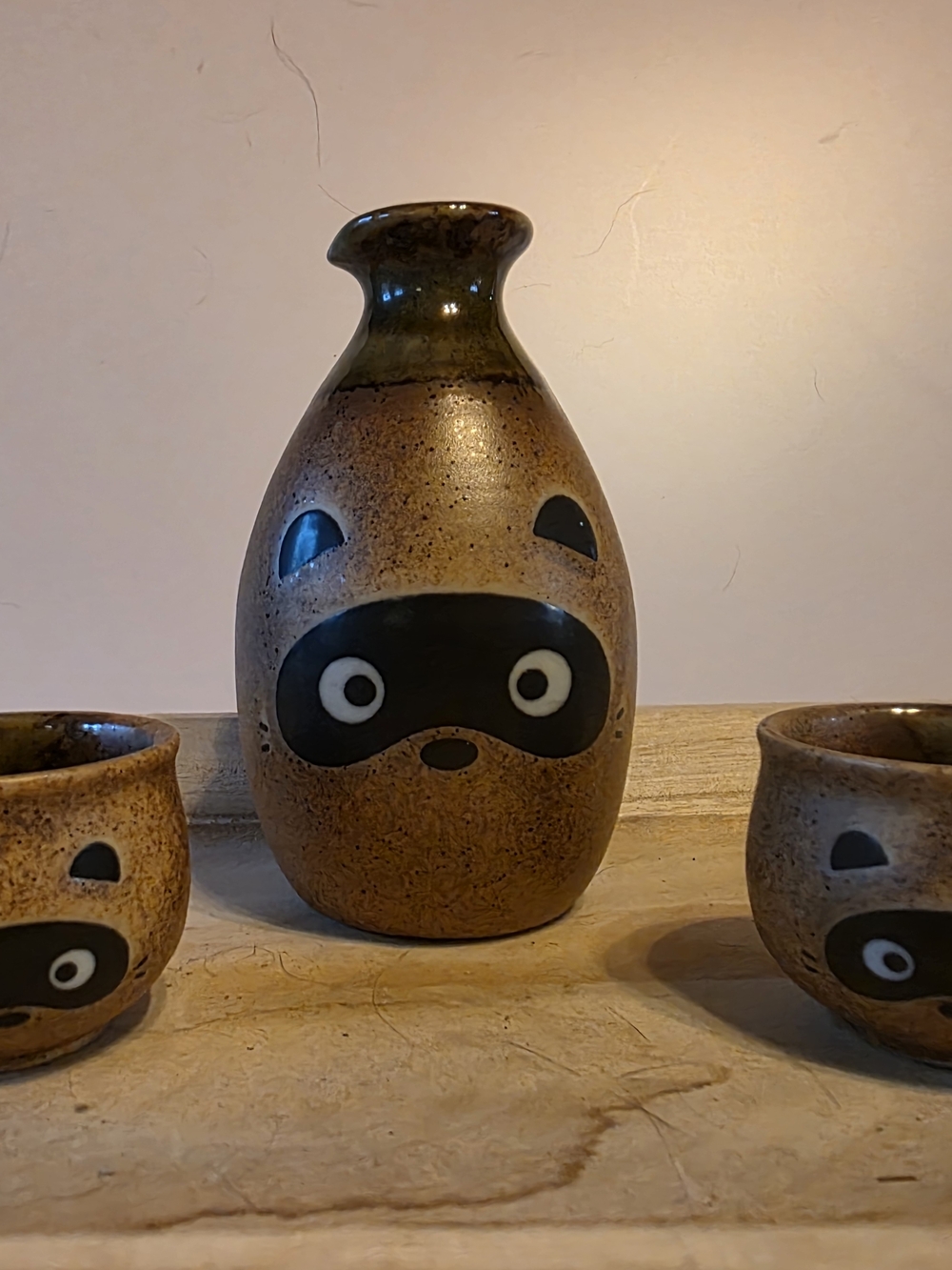 Handcrafted Brown Ceramic Raccoon Sake Set